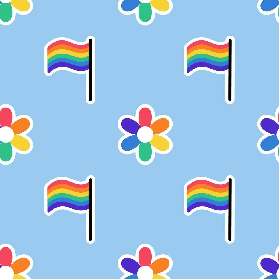 Seamless Pattern with Rainbow colored Flower and LGBT flag. LGBT sticker in doodle style. LGBTQ, LGBT pride community Symbol. Vector illustration.