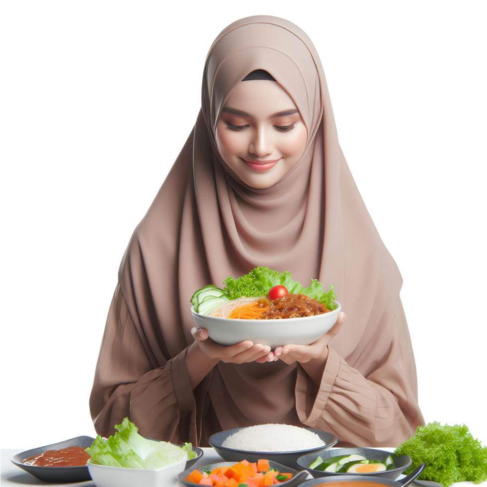 AI generated a Muslim woman in a hijab holds a plate of food on a transparent background png