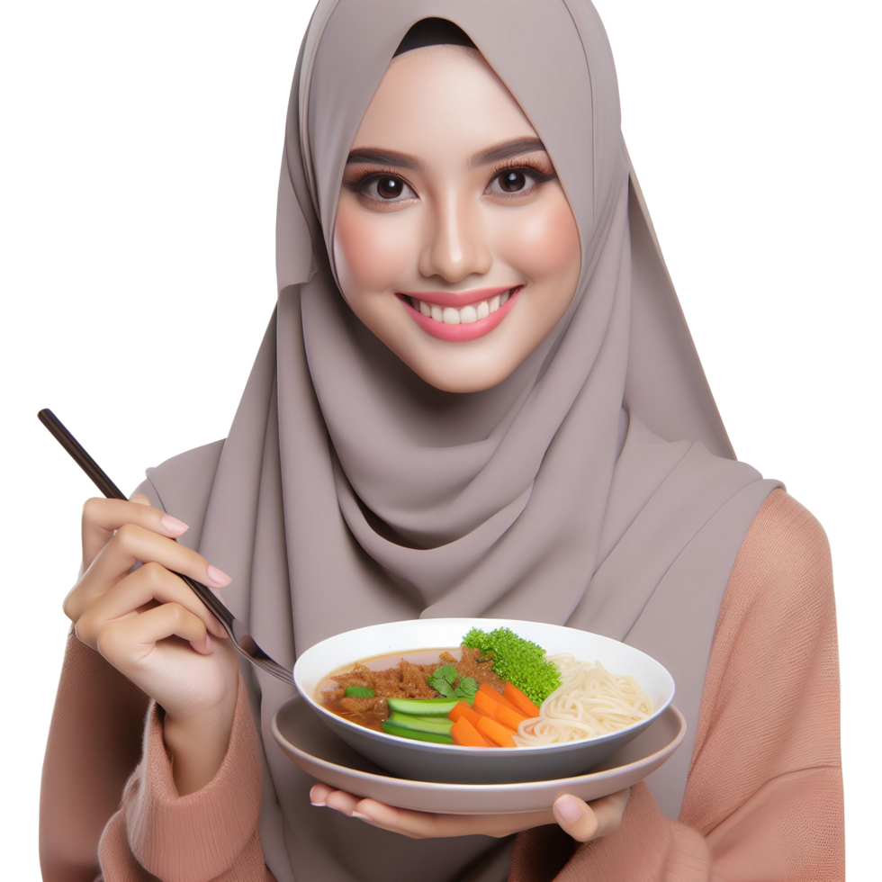 AI generated a Muslim woman in a hijab holds a plate of food on a transparent background png