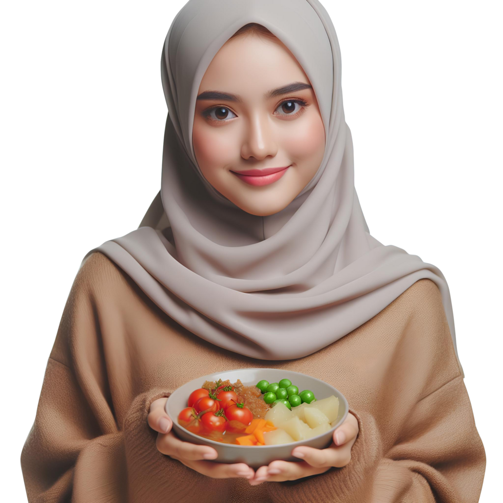 AI generated a Muslim woman in a hijab holds a plate of food on a transparent background png