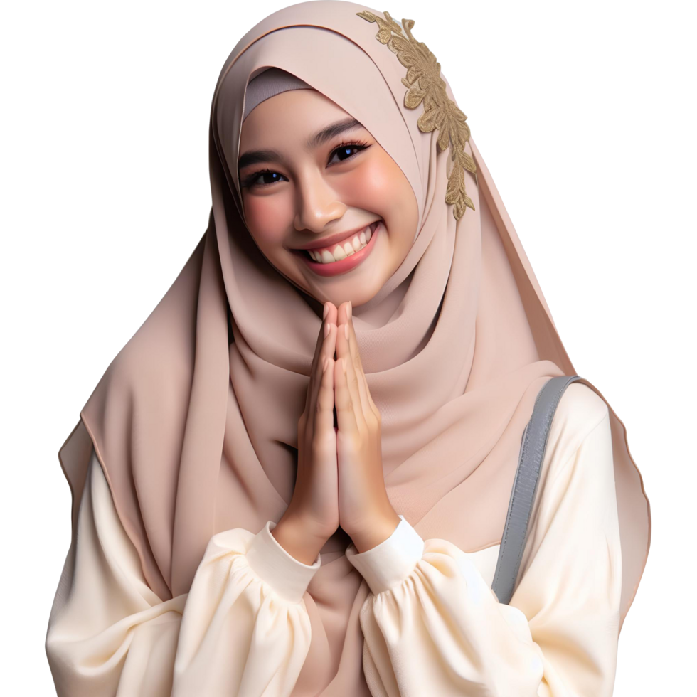 ai generiert ein Muslim Frau tragen ein Hijab mit ihr Hände entschuldige mich mit ein lächelnd Gesicht png