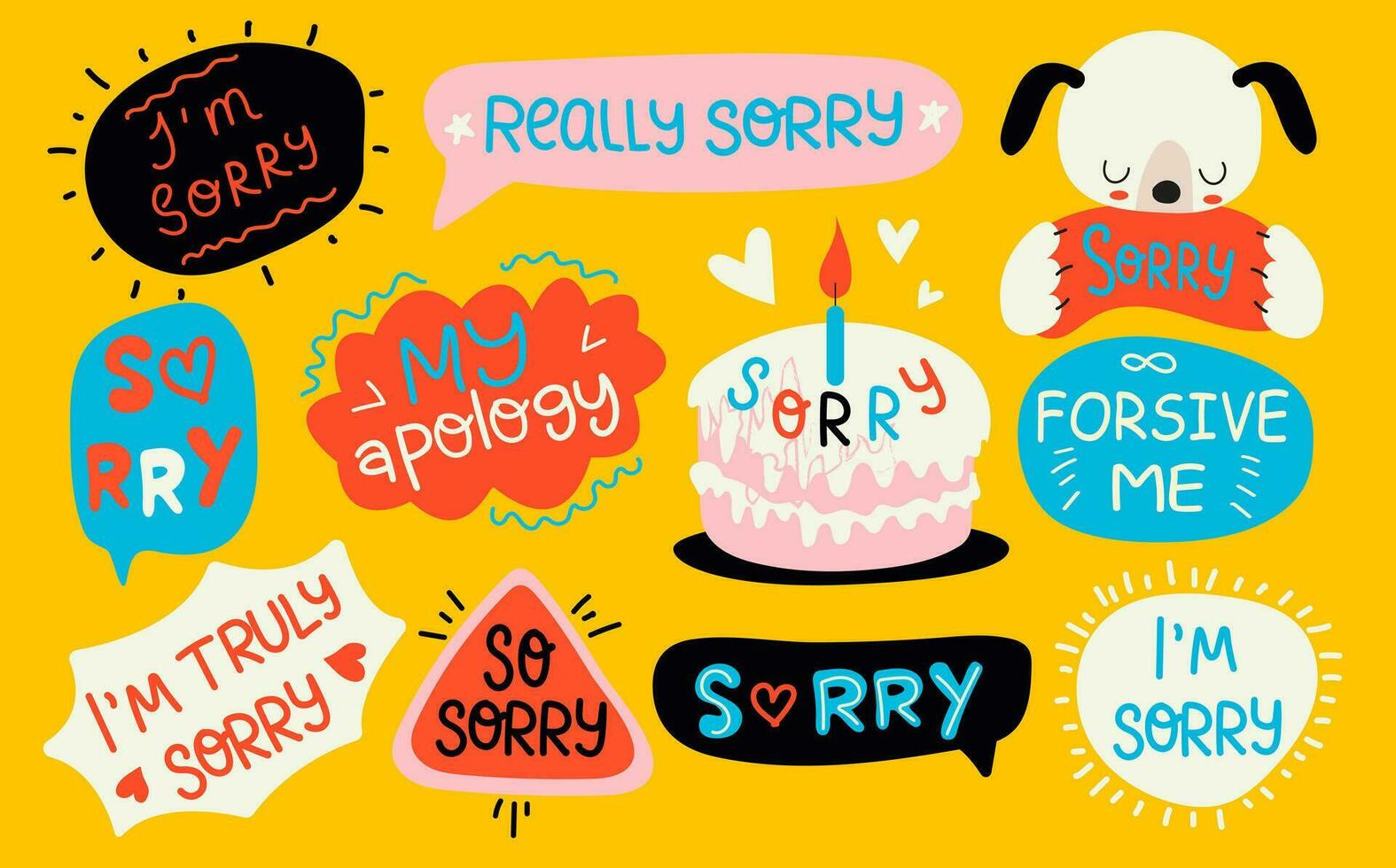 Sorry stickers set, apologize quotes vector collection. Set of hand drawn cute vector illustrations on yellow background.