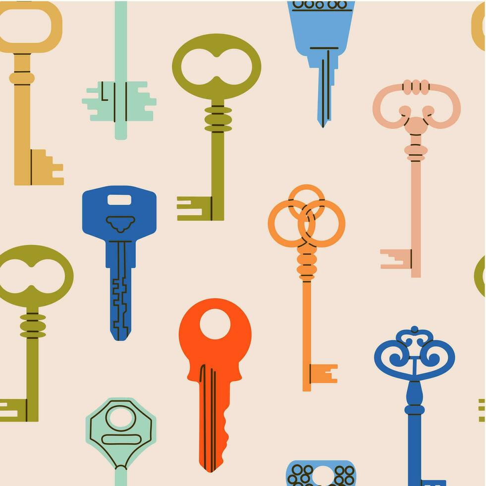 Background of different types door keys. Different types, sizes. Colored house keys background. Background, wallpaper, wrapping paper, poster template. vector