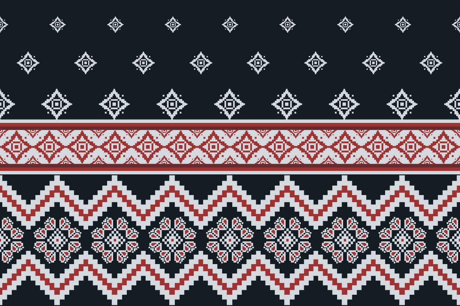 Folk embroidery cross stitch geometric floral pattern. Ethnic geometric floral shape seamless pattern. Folk floral embroidery pattern use for textile, home decoration elements, upholstery, etc. vector