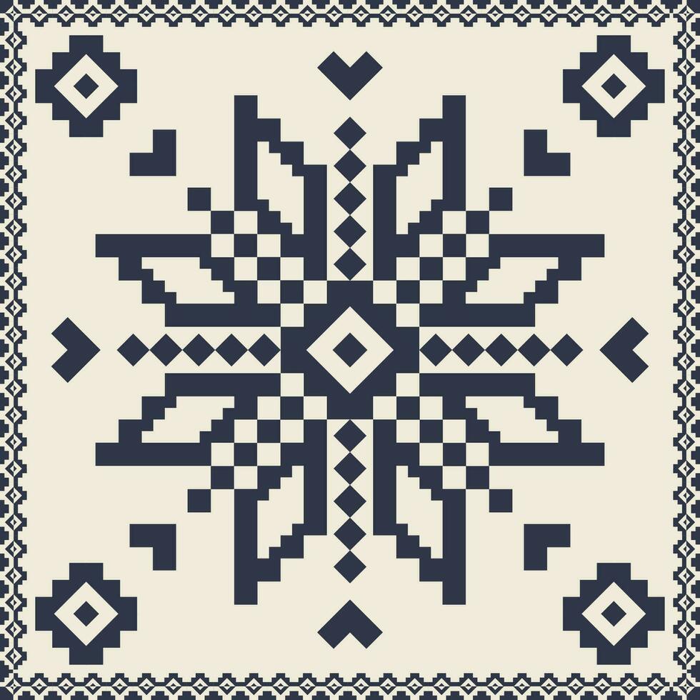 Folk embroidery cross stitch floral motif pattern. Ethnic blue-white geometric floral motif pattern. Folk floral embroidery pattern use for textile, home decoration elements, upholstery, etc. vector