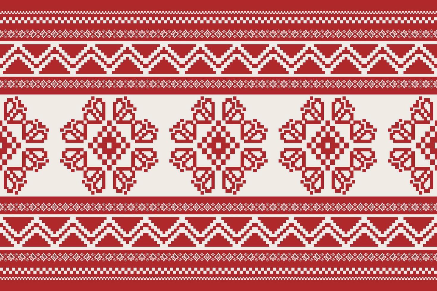 Folk embroidery cross stitch floral border pattern. Ethnic red-white geometric floral seamless pattern. Folk floral embroidery pattern use for textile, home decoration elements, upholstery, etc vector