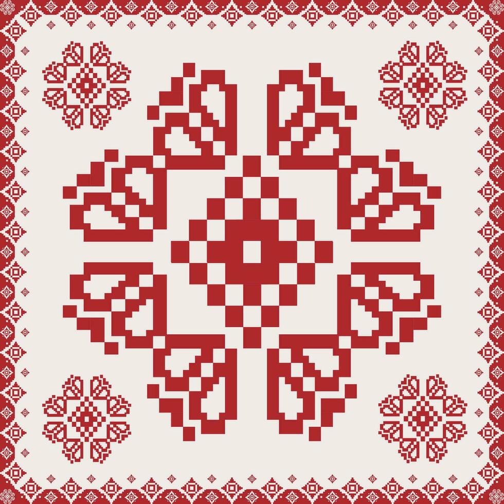 Folk embroidery cross stitch floral motif pattern. Ethnic red-white geometric floral motif pattern. Folk floral embroidery pattern use for textile, home decoration elements, upholstery, etc. vector