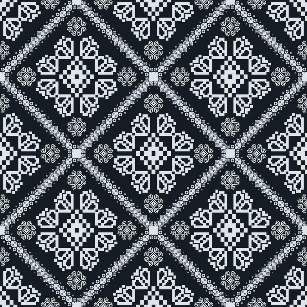 Folk embroidery cross stitch floral geometric pattern. Ethnic blue-white geometric floral pattern. Folk floral embroidery pattern use for fabric, textile, home decoration elements, upholstery. vector