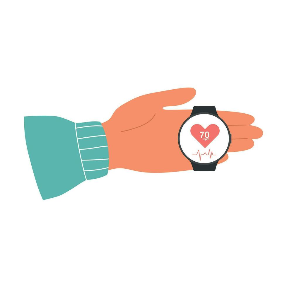 masculino mano con latido del corazón Velocidad rastreador aplicación en inteligente reloj pantalla. legumbres corazón cuidado vector