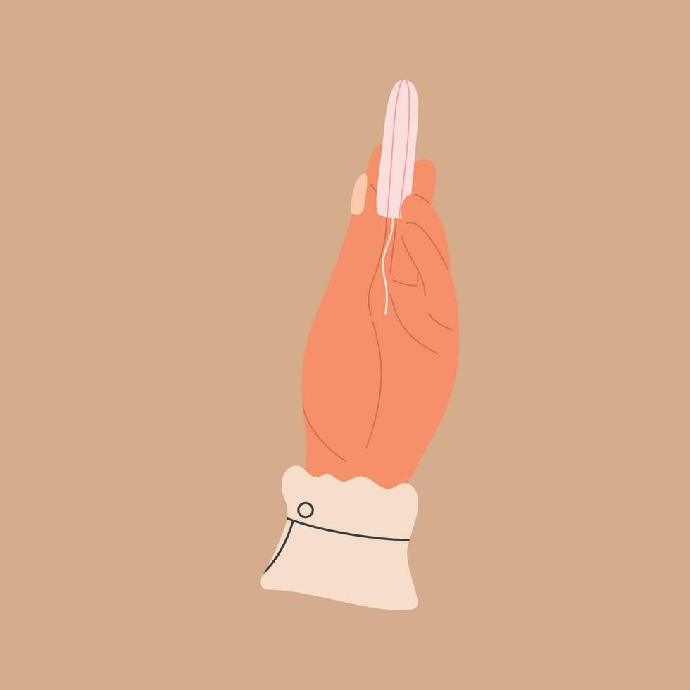 Female hand holds tampon in fingers.Hygiene care in menstruation period. Vector