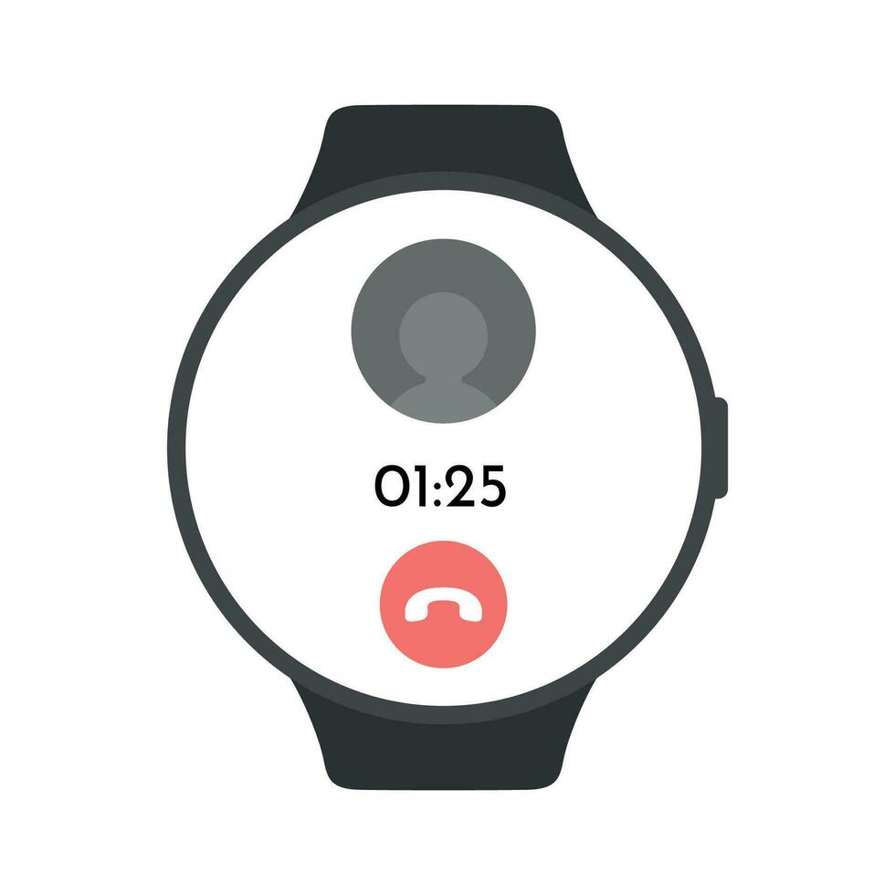 Circle smart watch with answering incoming call screen with seconds with red button for call ending. Vector illustration