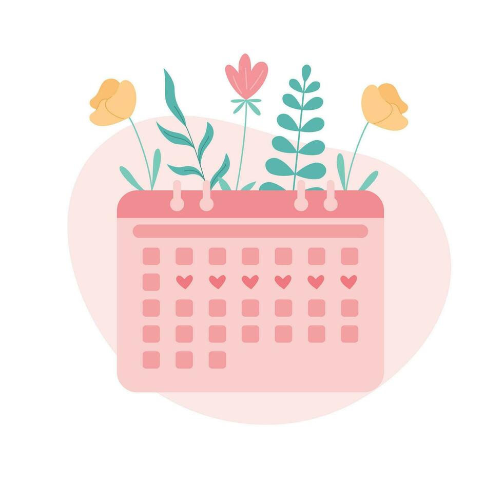 Menstrual calendar with floral background. Menstruation woman cycle period control. Vector