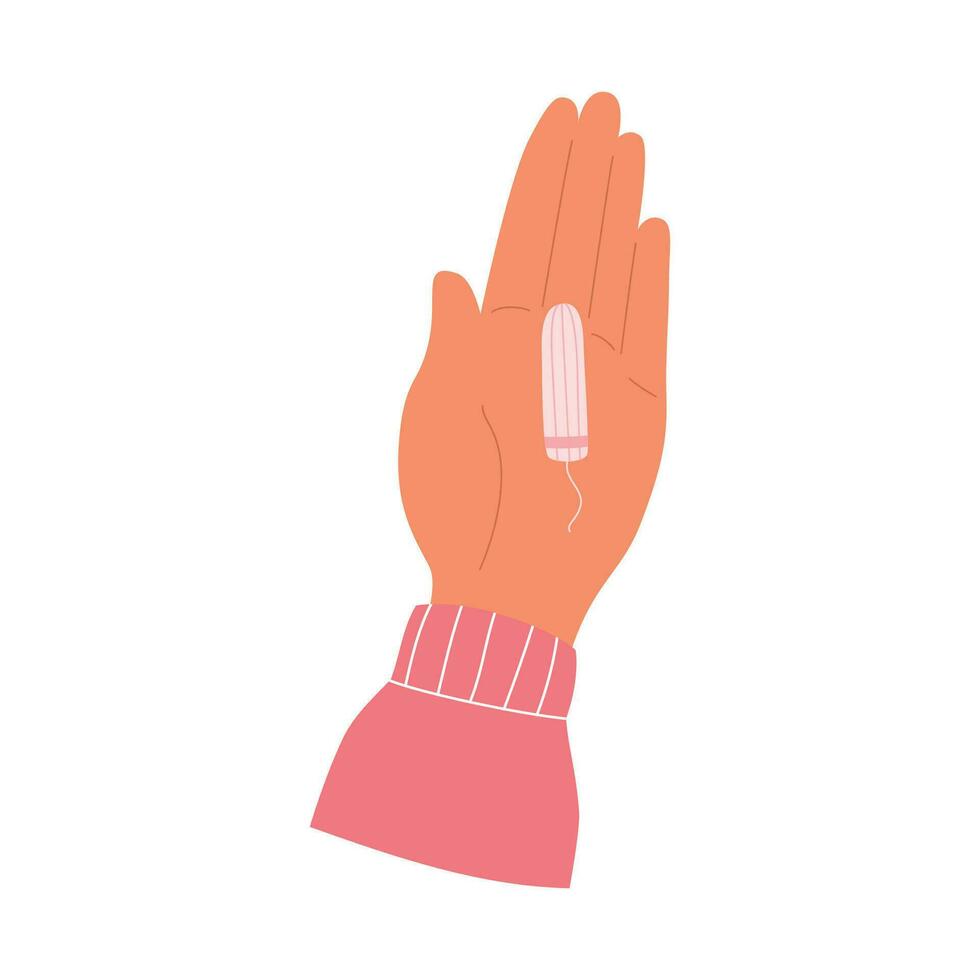 Female hand holds tampon for menstrual period. Hygiene menstruation care. Vector