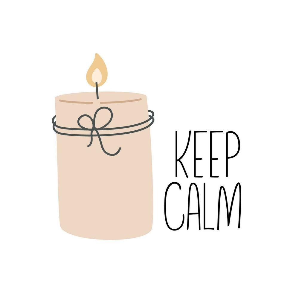 Scented aroma cozy candle with burning flame and crafted thread. Keep calm phrase on poster. Collection of cozy candles. Flat vector