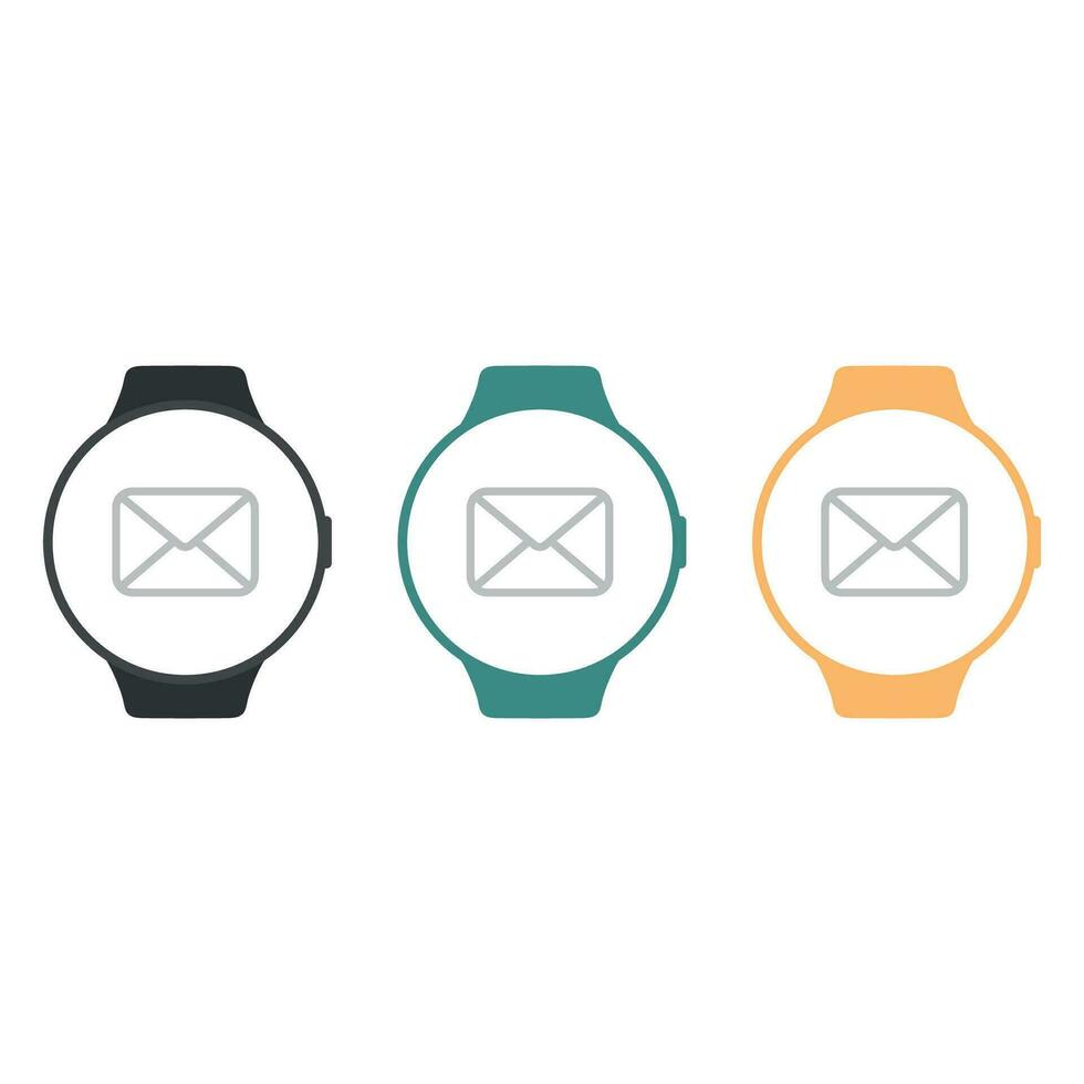 Set of three circle smart watch with email notification icon on screen. Colorful watch bracelet vector