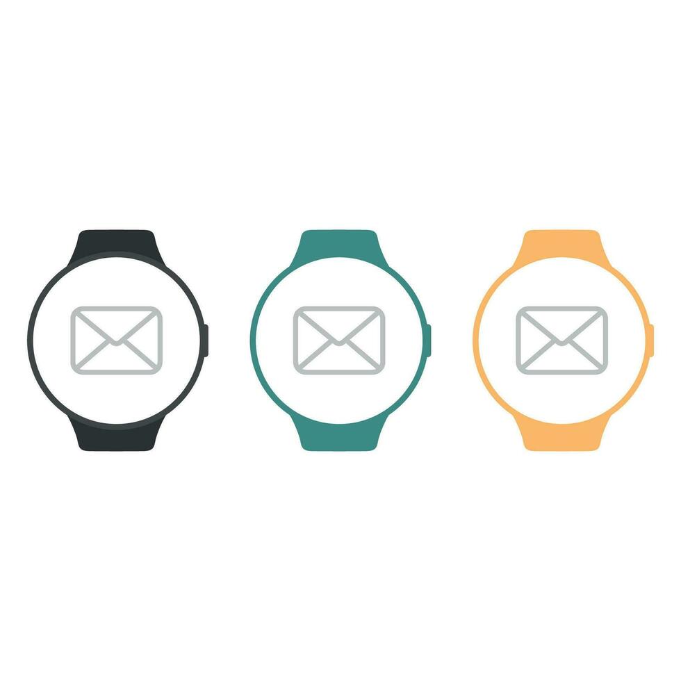 Set of three circle smart watch with email notification icon on screen. Colorful watch bracelet vector