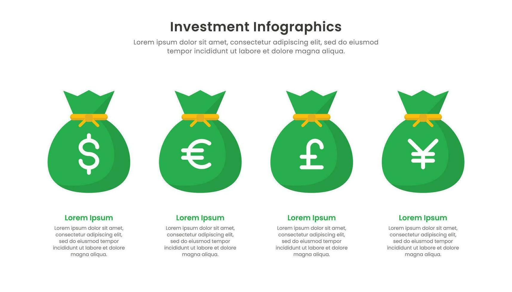 Investment infographic with illustration of money bag and 4 options vector