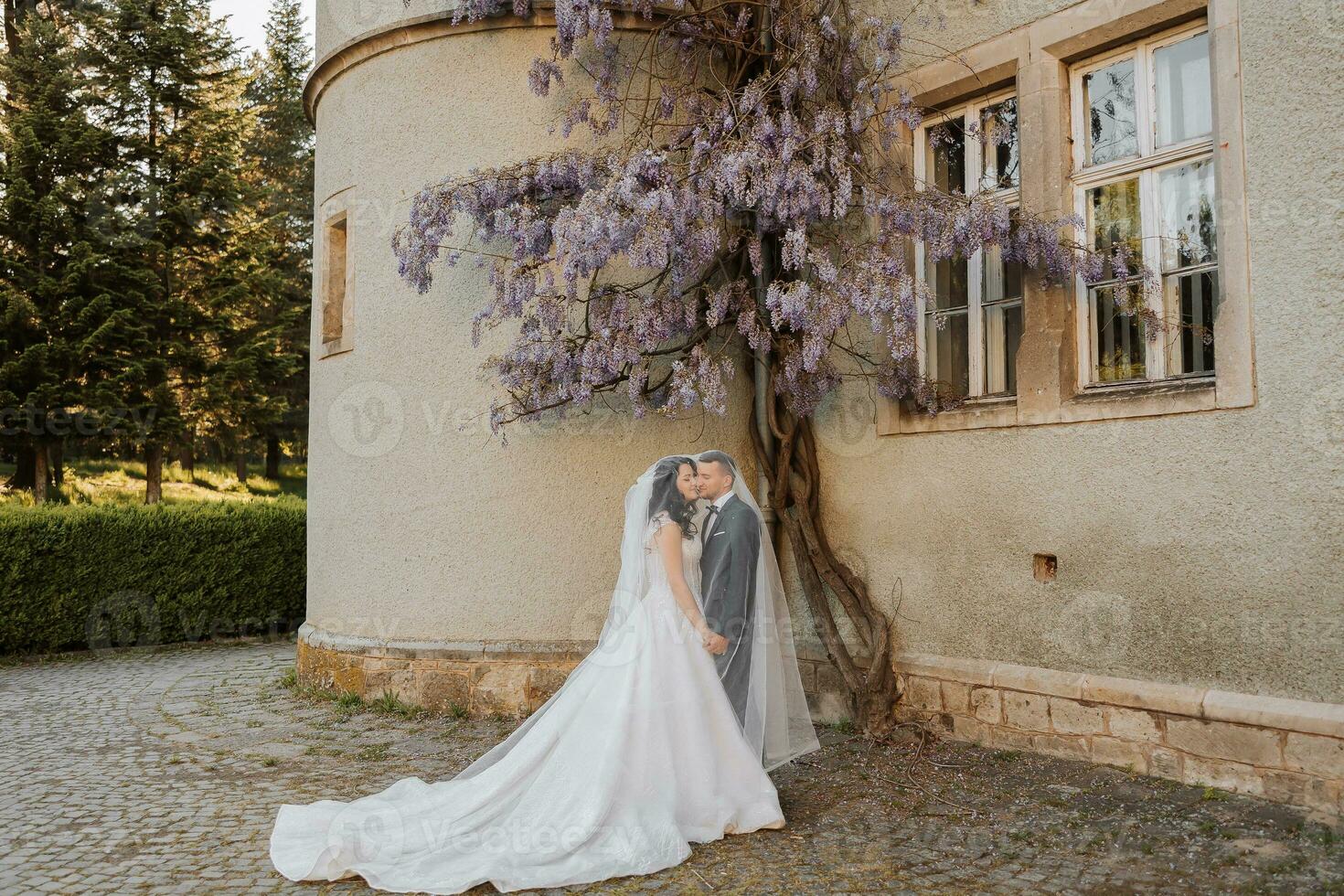 contento joven pareja, novia con largo Rizado pelo en blanco vestir debajo velo cerca castillo en hermosa flores hermosa niña en el parque foto