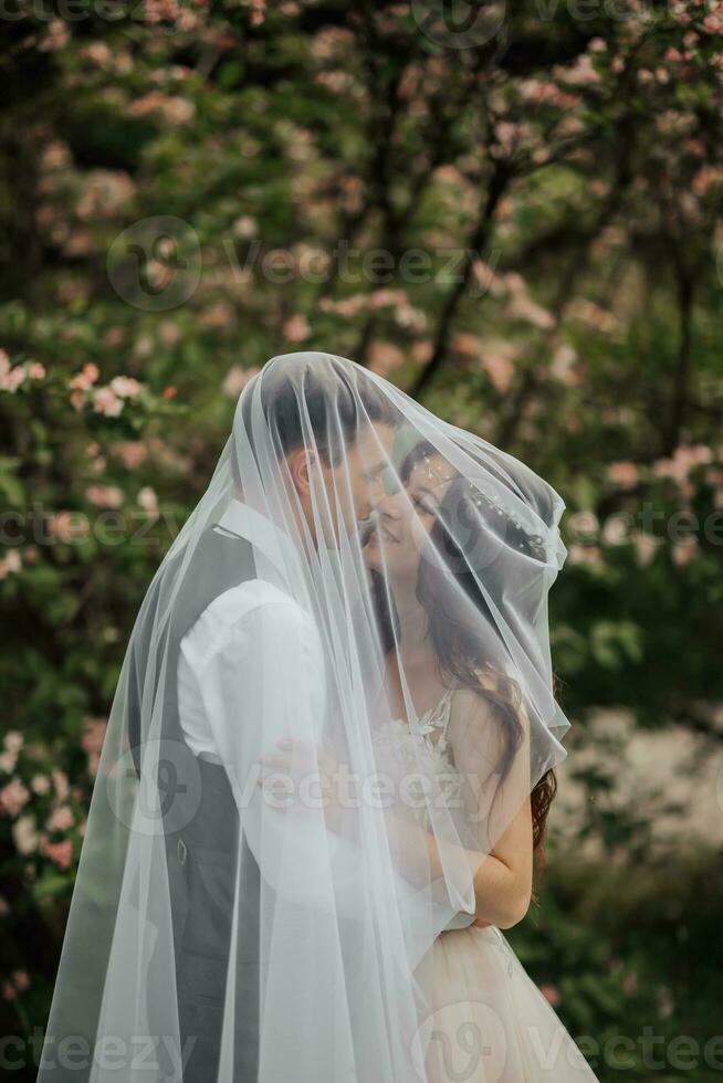 Happy young couple. Wedding portrait. The bride and groom gently snuggled up to each other under a veil against the background of a blooming bush. Wedding bouquet. Spring wedding photo