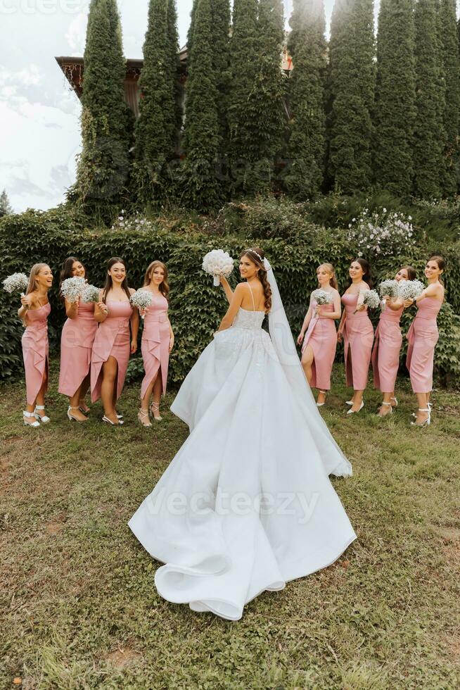 Group portrait of bride and bridesmaids. Wedding. Bride in wedding dress and bridesmaids in white dresses at wedding day. Stylish wedding in white color. Marriage concept. photo