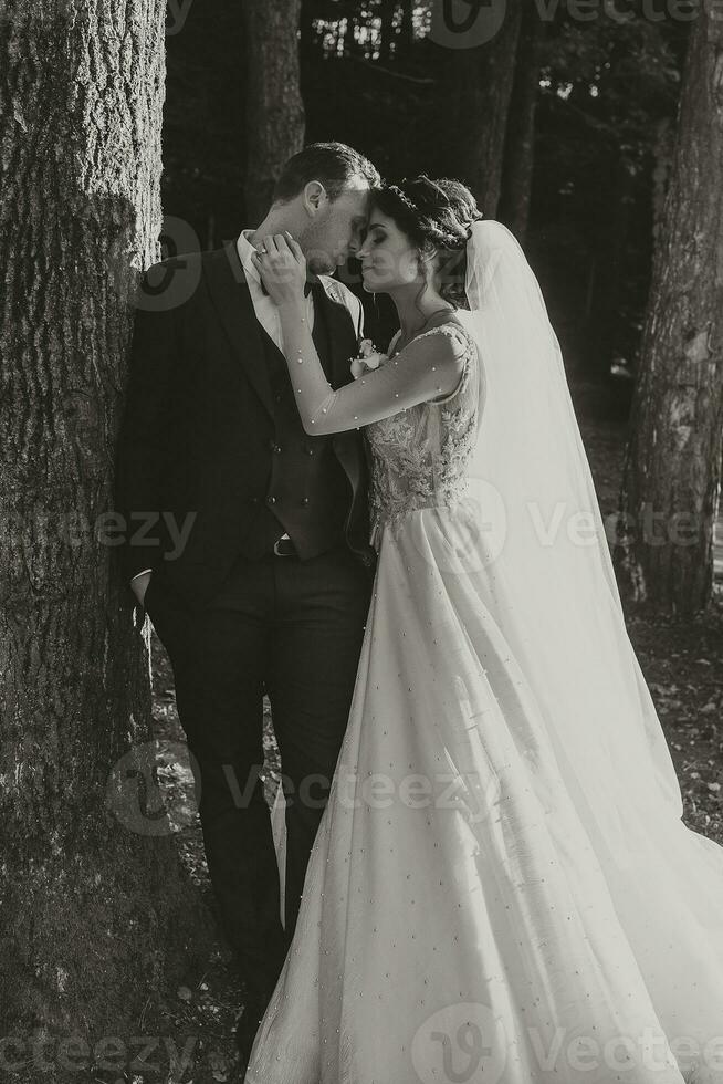 Young groom and beautiful bride with a wedding bouquet posing on a wedding walk in the forest. Young family. black and white photo