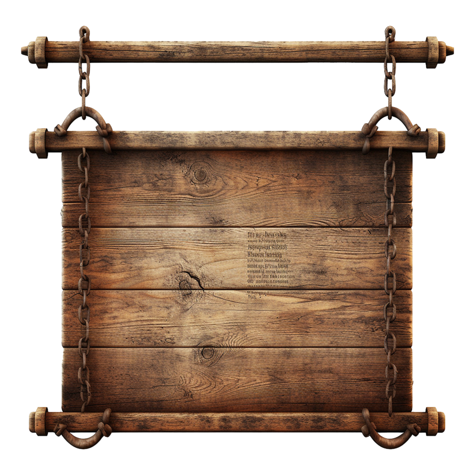 AI generated Medieval wooden signboard hanging on chains isolated on transparent background png