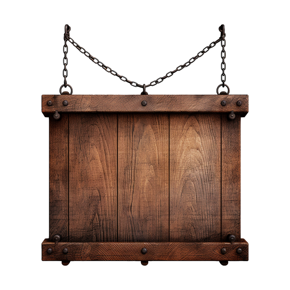 AI generated Medieval wooden signboard hanging on chains isolated on transparent background png