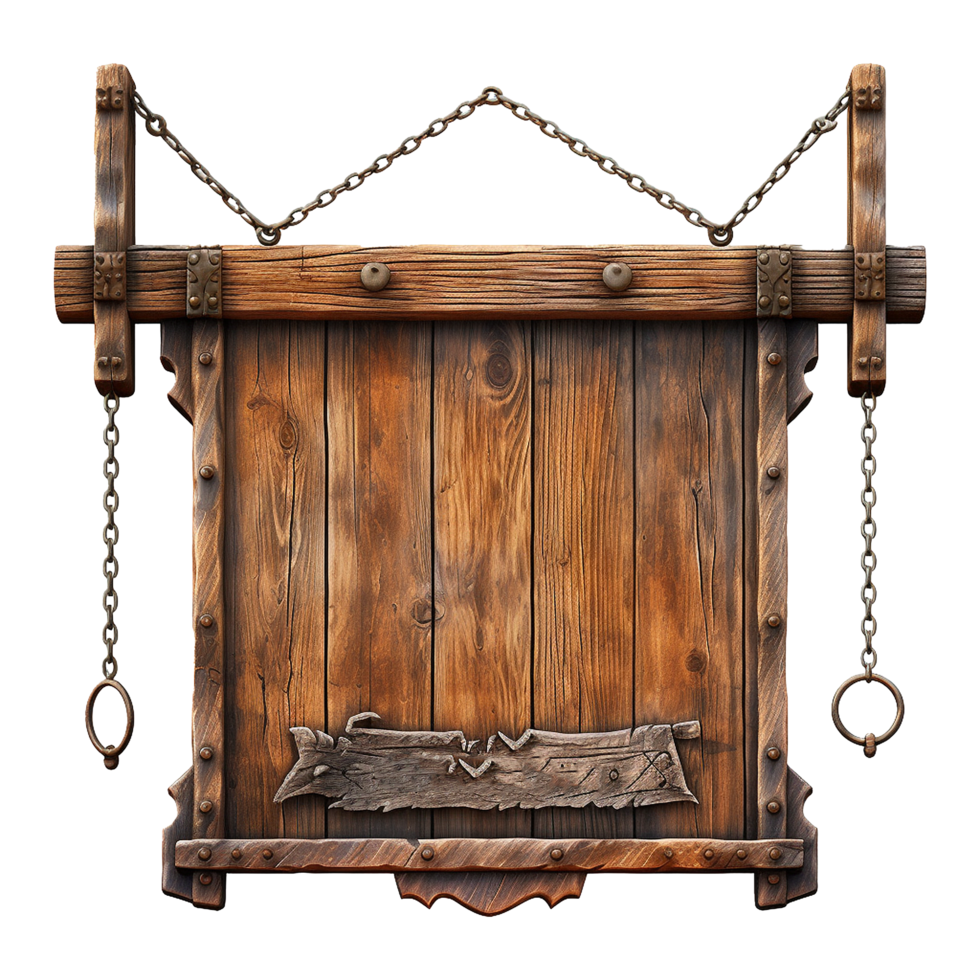 AI generated Medieval wooden signboard hanging on chains isolated on transparent background png