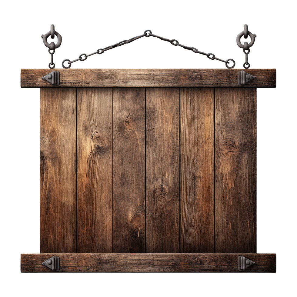 AI generated Medieval wooden signboard hanging on chains isolated on transparent background png