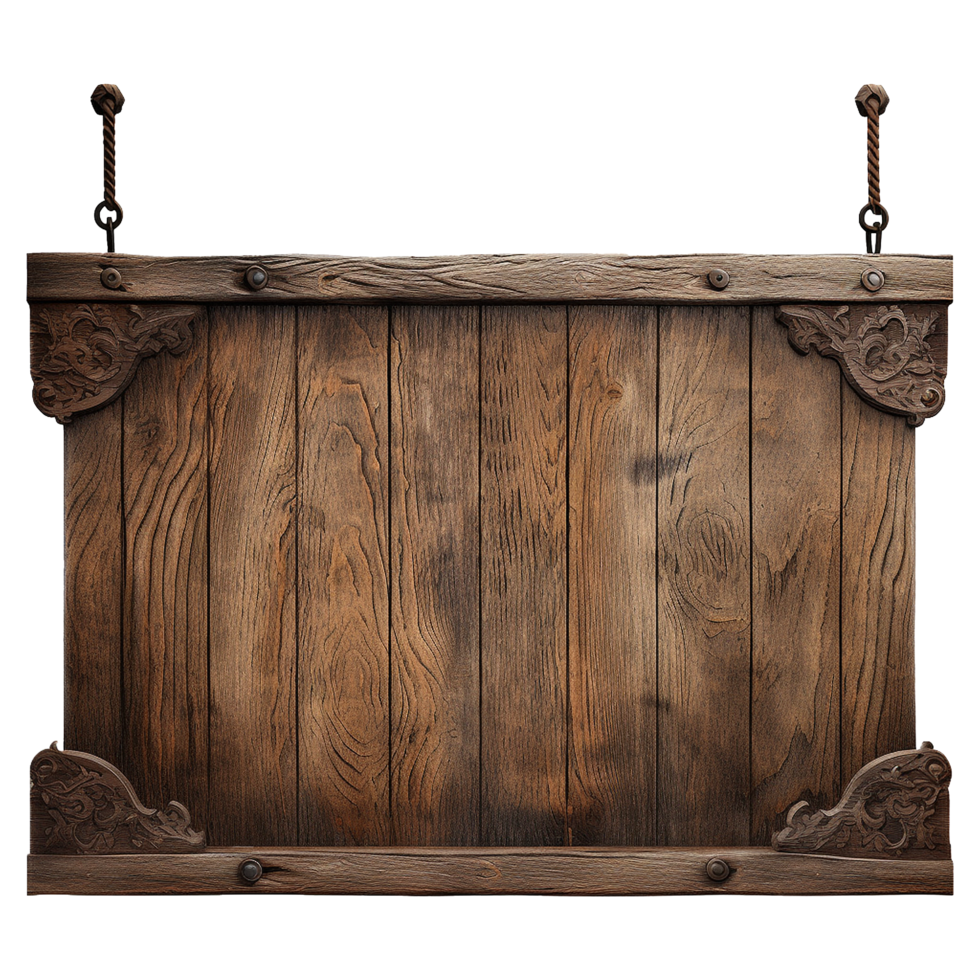 AI generated Medieval wooden signboard hanging on chains isolated on transparent background png
