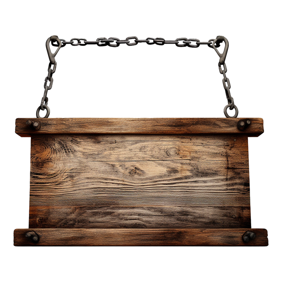 AI generated Medieval wooden signboard hanging on chains isolated on transparent background png