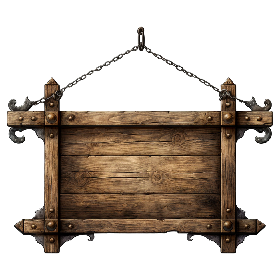 AI generated Medieval wooden signboard hanging on chains isolated on transparent background png