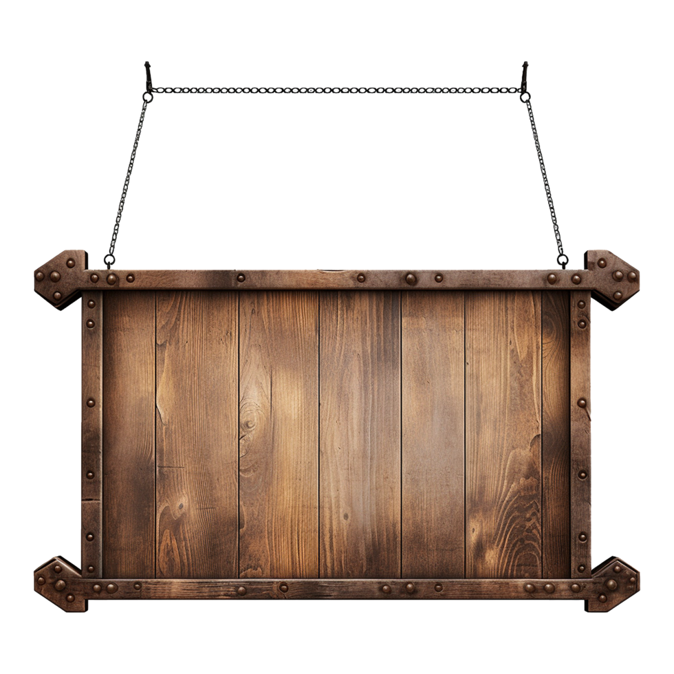 AI generated Medieval wooden signboard hanging on chains isolated on transparent background png