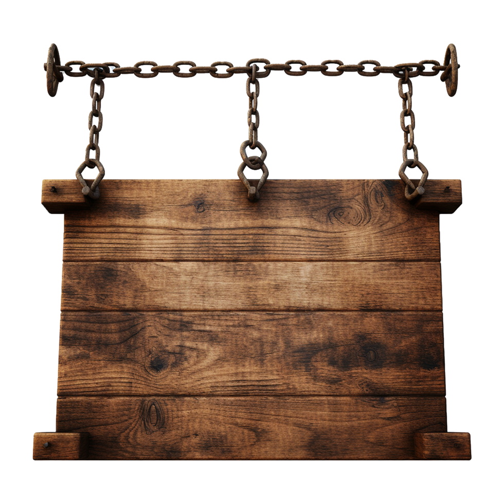 AI generated Medieval wooden signboard hanging on chains isolated on transparent background png
