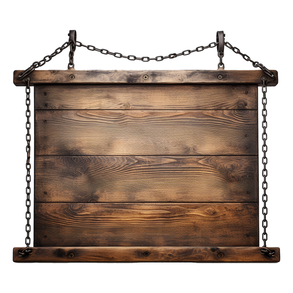 AI generated Medieval wooden signboard hanging on chains isolated on transparent background png