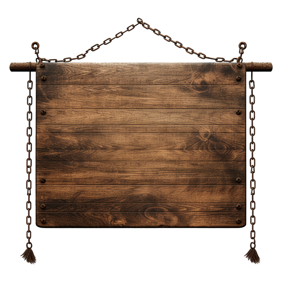 AI generated Medieval wooden signboard hanging on chains isolated on transparent background png