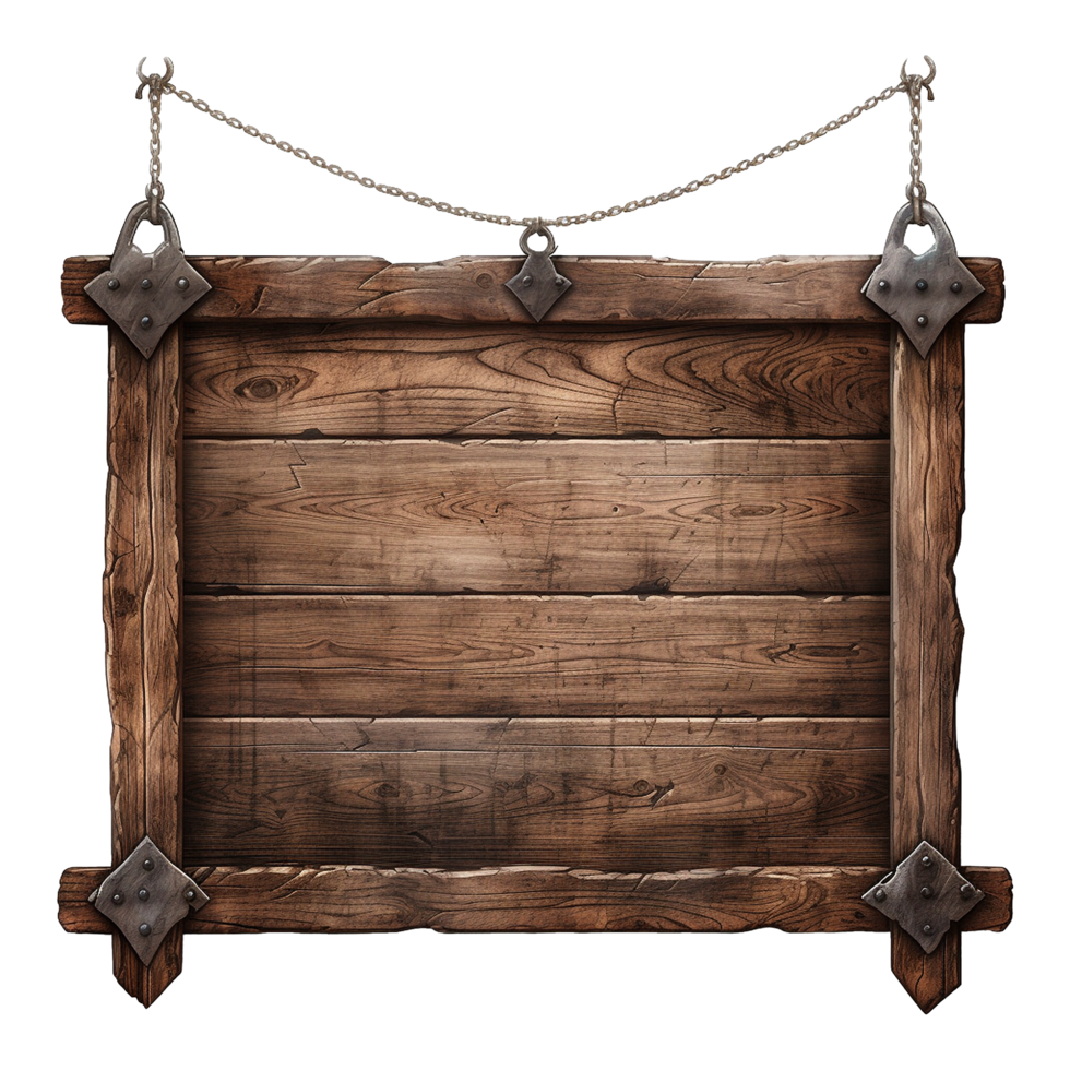 AI generated Medieval wooden signboard hanging on chains isolated on transparent background png