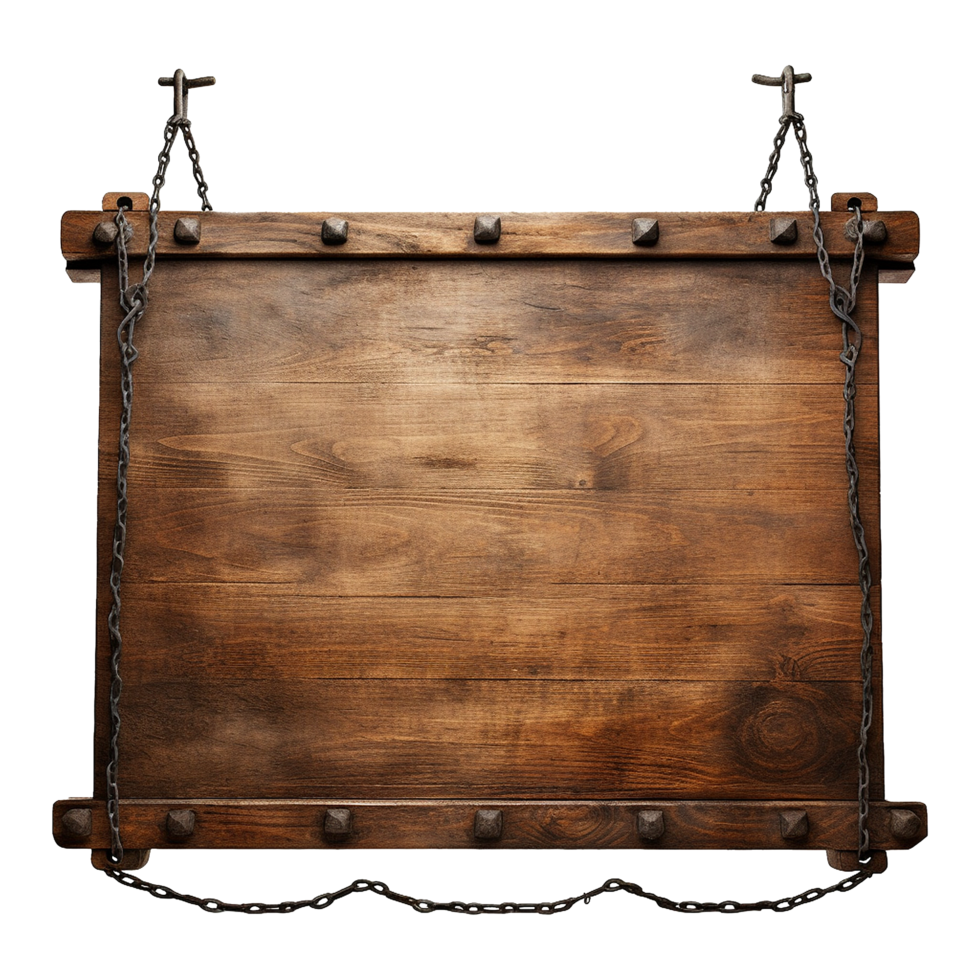 AI generated Medieval wooden signboard hanging on chains isolated on transparent background png