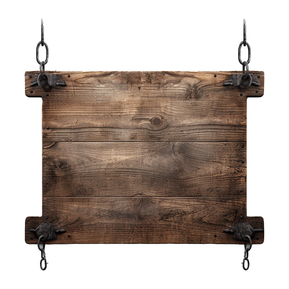 AI generated Medieval wooden signboard hanging on chains isolated on transparent background png