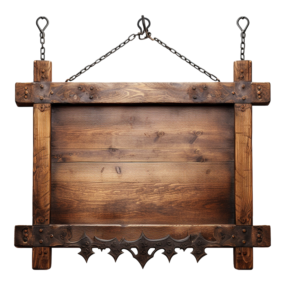 AI generated Medieval wooden signboard hanging on chains isolated on transparent background png