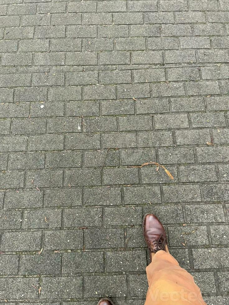 leg with shoe on paved path photo