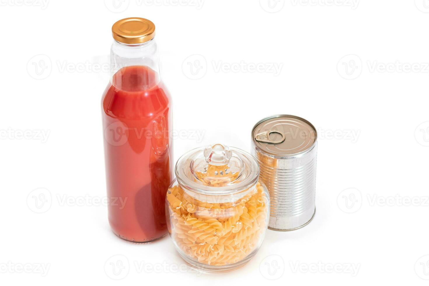 Food Reserves. Canned Food, Spaghetti, Pate, Tuna, Tomato Juice, Pasta, Fish and Grocery - Isolated on White Background. Emergency Food Storage in Case of Crisis. Strategic Food Supplies - Isolation photo