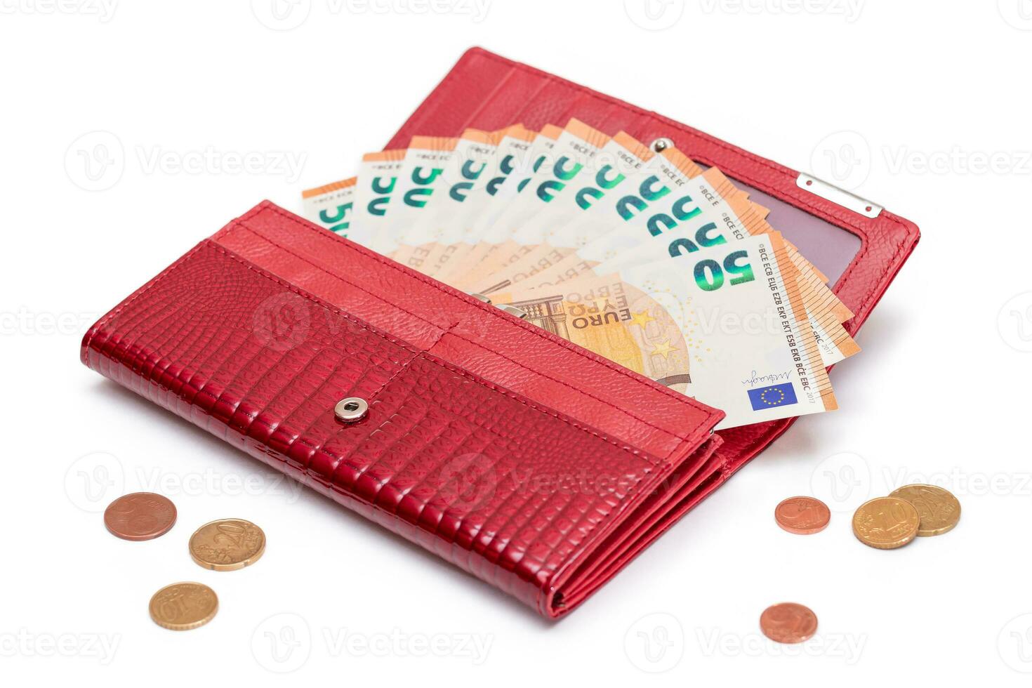 Opened Red Women Purse with 50 Euro Banknotes Inside and Scattered Euro Cent Coins - Isolated on White Background. A Wallet Full of Money Symbolizing Wealth, Success, Shopping and Social Status - Isolation photo