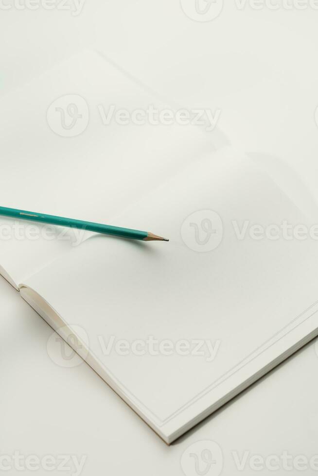 A green pencil is placed on the open book photo