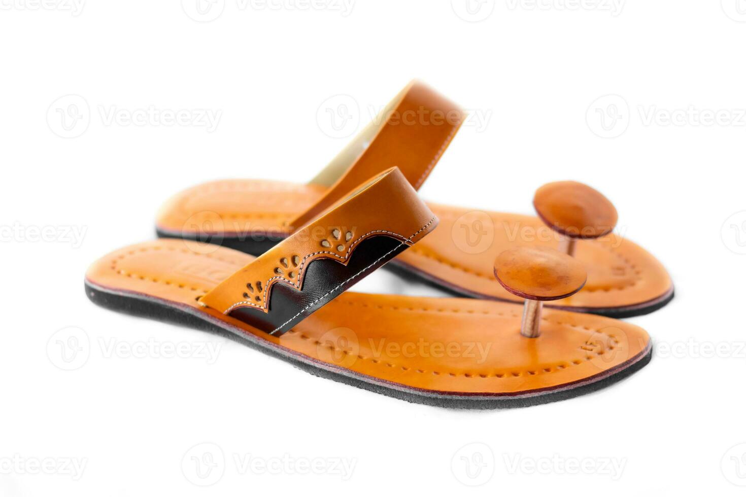 Tan leather sandals, leather sandals for women isolated on white background photo