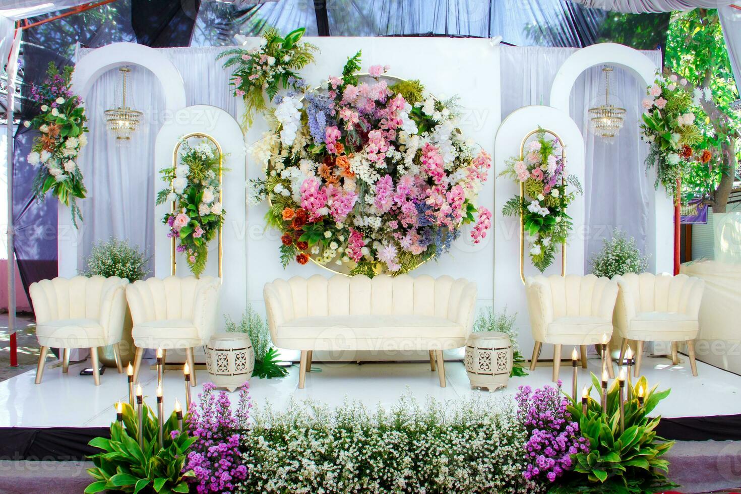 Wedding decorations. Wedding backdrop with flowers and Indonesian wedding decorations. photo