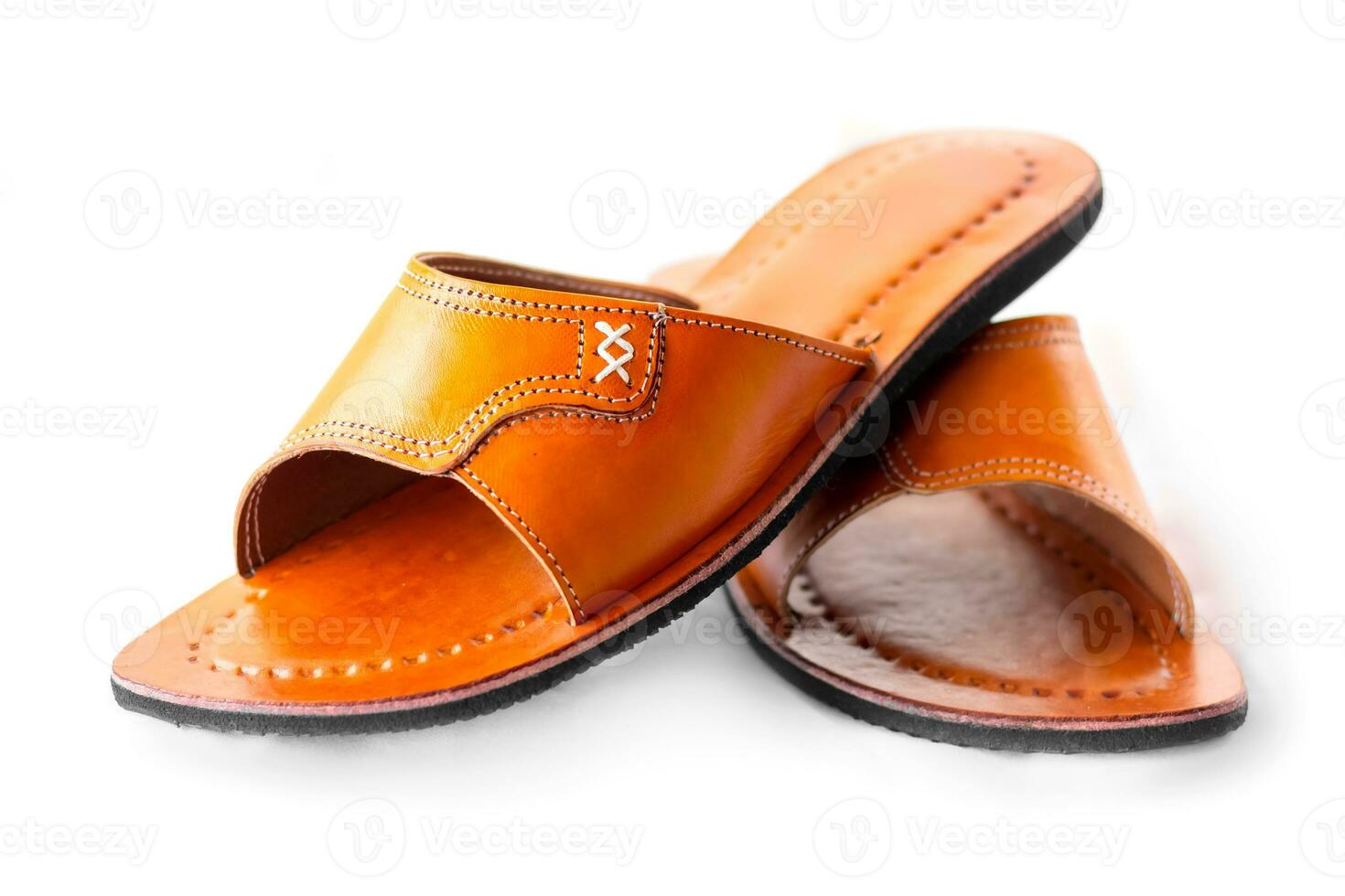 Tan leather sandals, leather sandals for women isolated on white background photo