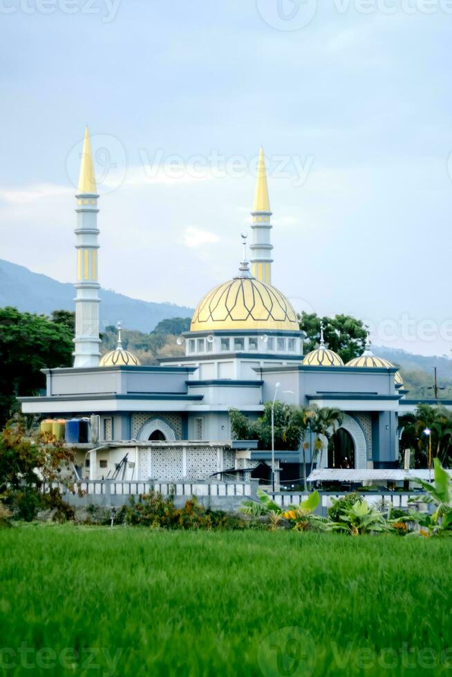 Indonesian Islamic mosque located among rice fields. photo