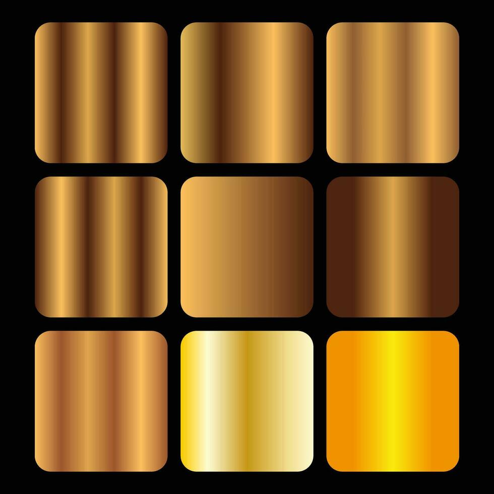 Metallic gold gradients golden color palette, and collection of Golden gradient illustrations for backgrounds, cover, frame, ribbon, banner, coin, label, flyer, card, poster, ring etc. vector