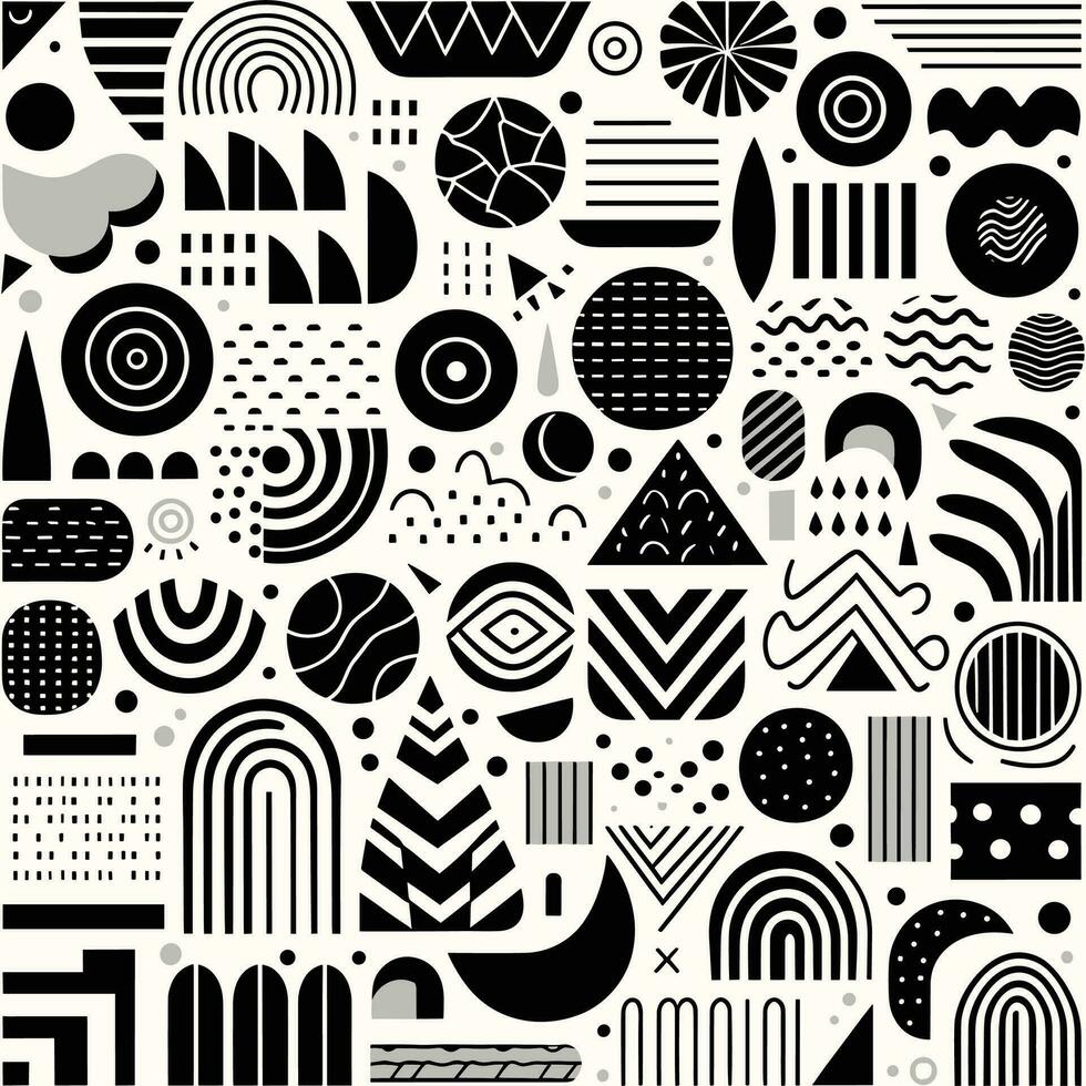 Black shapes seamless vector border. Cute abstract hand drawn geometric shapes collage repeating horizontal pattern monochrome. Modern abstract art for decor, fabric trim, cards, ribbons